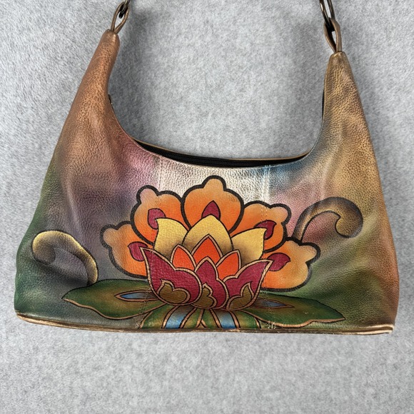 Anuschka Purse Womens Brown Floral Lotus Hand Painted Leather Shoulder Bag - Picture 2 of 13